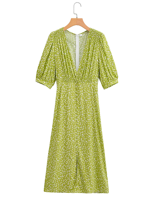 Fashion Green Polyester Printed V-neck Slit Dress