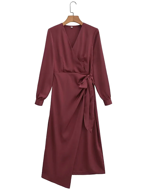 Fashion Deep Red Polyester Knotted V-neck Dress