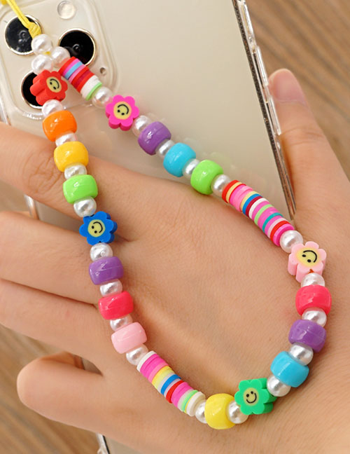 Fashion Color Mixed Color Large Hole Beads Beaded Polymer Clay Smiley Face Mobile Phone Chain
