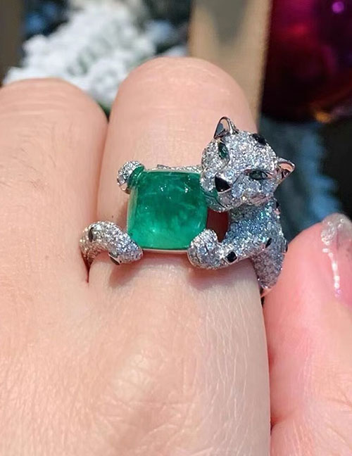 Fashion Silver Copper Inlaid Diamond Leopard Ring