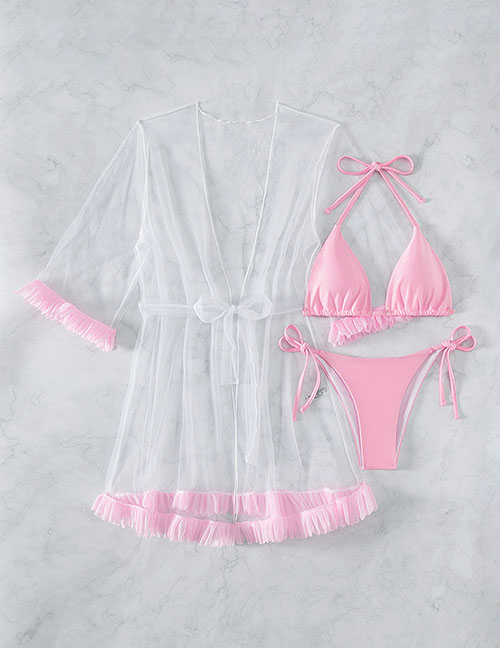 Fashion Pink Nylon Hanging Neck Tie Tie Swimwear Three -piece Set