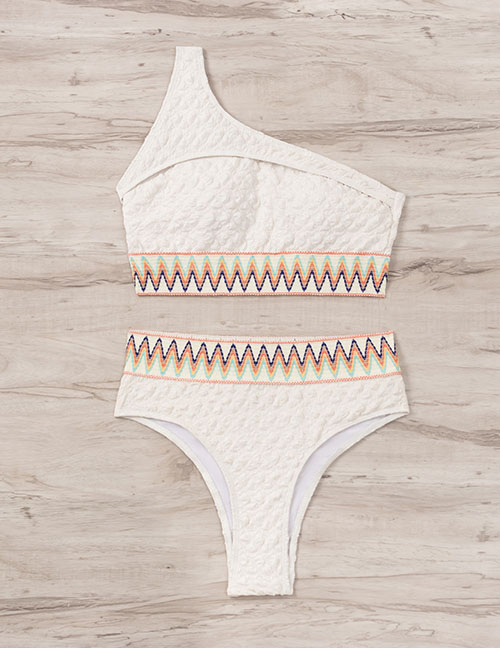 Fashion White Polyester Color Webbing Shoulder Split Swimsuit