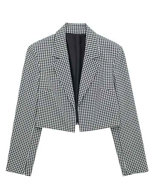 Fashion Grid Polyester Checked Lap Lapel Short Suit Jacket