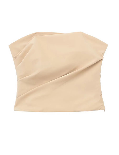Fashion Apricot Polyester Off -shoulder Straight Collar Top