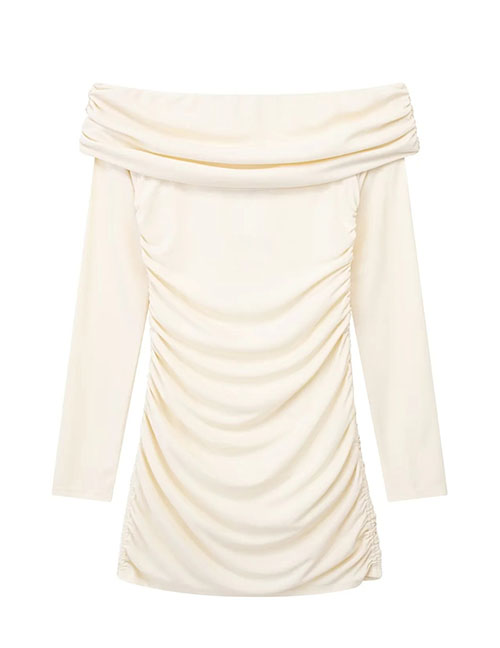 Fashion White Polyester Folds Shoulder Long -sleeved Dress