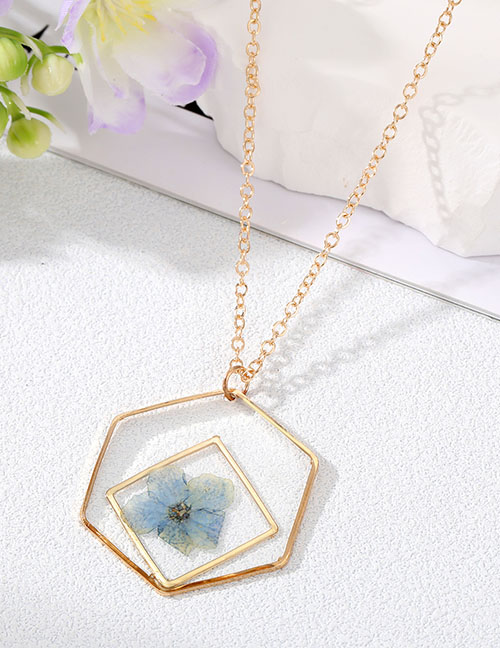 Fashion Blue Flower Geometric Hexagonal Drip Glue Flower Necklace