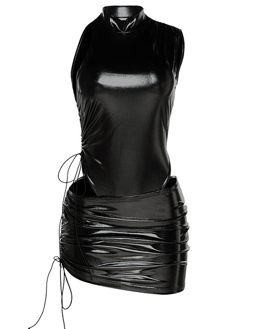 Fashion Black Suit K22s27329 Pu Round Neck Sleeveless Coat Skirt Set