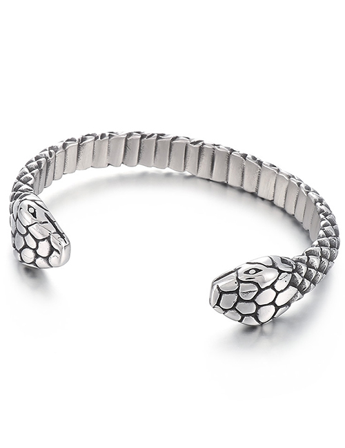 Fashion Silver Titanium Steel Double Snake Head Opening Bracelet
