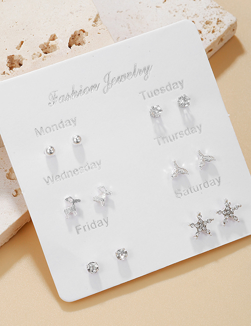Fashion 5# Alloy Diamond Pentagram Pearl Earrings Set