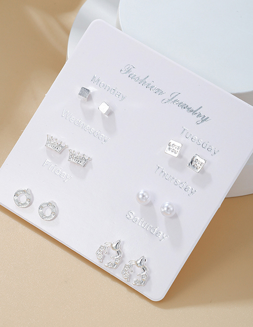 Fashion 10# Metal Pearl Crown Cube Clock Earrings Set