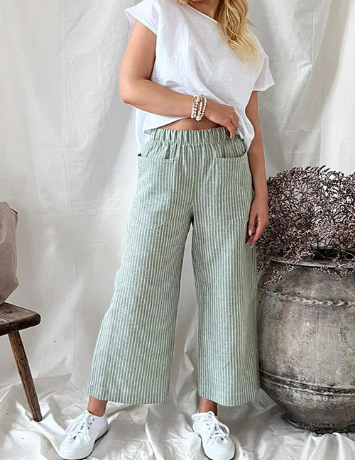 Fashion Light Green Cotton And Linen Striped Wide -leg Trousers