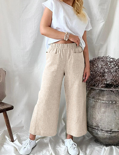 Fashion Khaki Cotton And Linen Striped Wide -leg Trousers