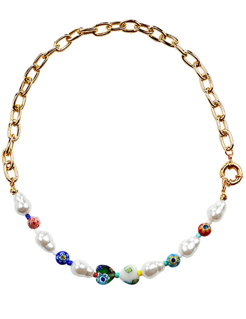 Fashion Gold Geometric Glazed Pearl Beaded Stitching Chain Necklace Necklace