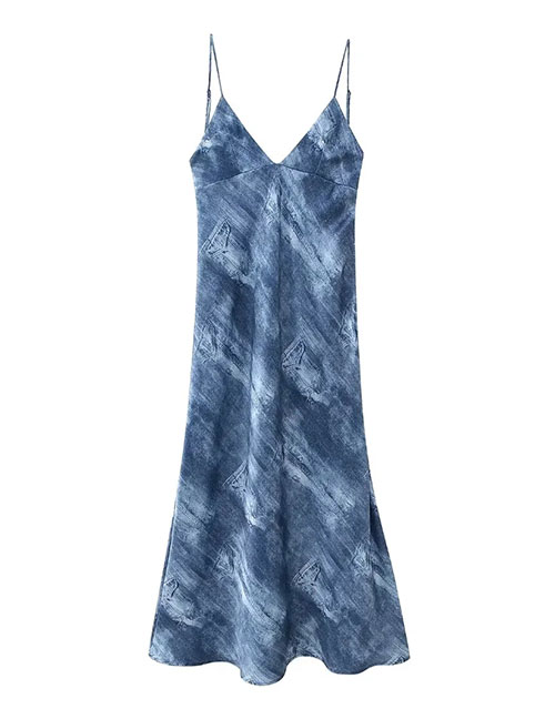 Fashion Printing Denim Printed V -neck Dress