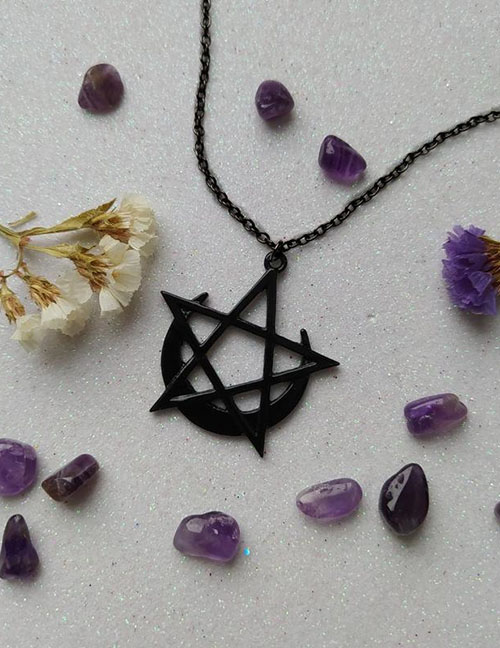 Fashion Black Alloy Geometric Moon Pentagram Necklace