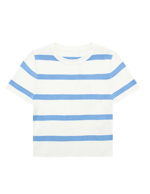 Fashion Blue Pure Color Knitted Striped Round Neck Short Sleeves