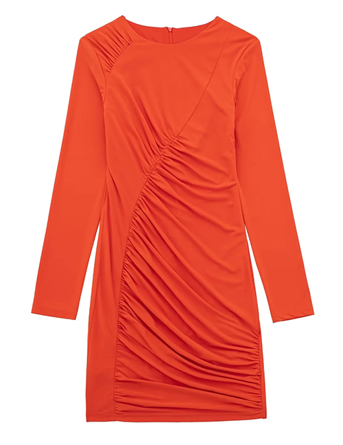 Fashion Orange Red Pure -colored Fold Dress