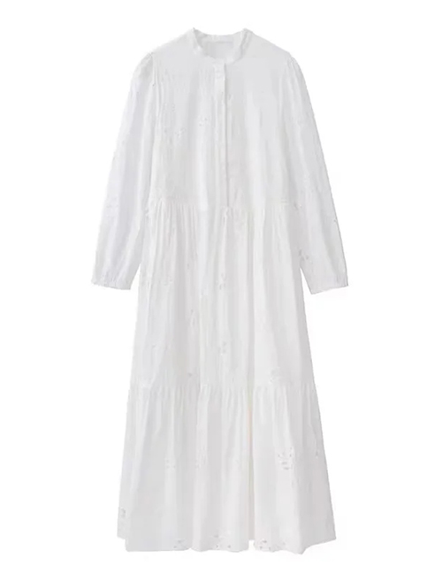 Fashion White Cotton Embroidery Buckle Dress