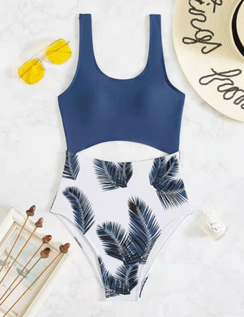 Fashion Blue Polyester Print Hollow Conjoined Swimsuit