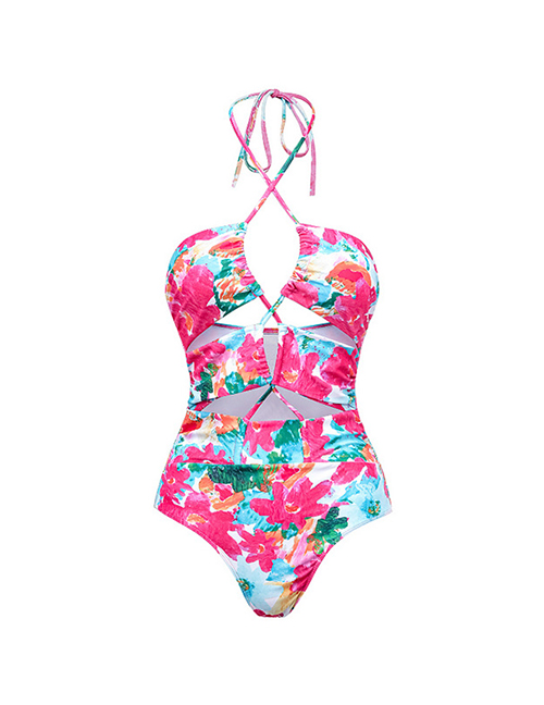Fashion Pink Strap Conjunctiva Swimsuit Polyester -neck Printing Hollow Conjoined Swimsuit
