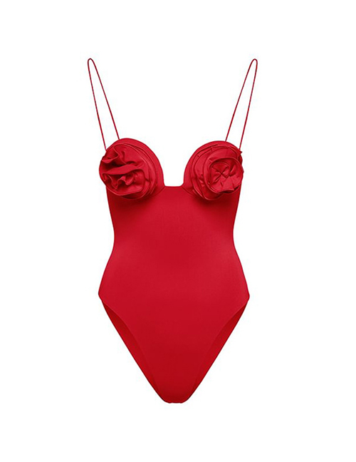 Fashion Red Flower Swimsuit Polyester Flower Conjoined Swimsuit