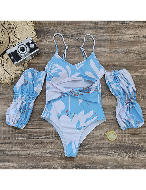 Fashion Blue And White Print Polyester Printed Bubble Bubble Long -sleeved Hollowed Out Swimsuit