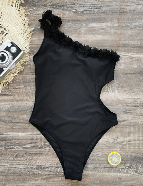 Fashion Black Polyester Lace Hollow Conjoined Swimsuit