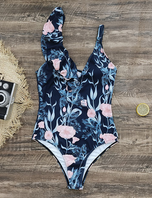 Fashion Blue And Black Printing Polyester -shoulder Lotus Leaf Edge Printing Conjusational Swimsuit