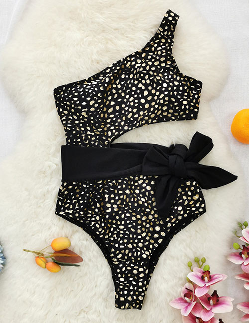 Fashion Black Polyester Printing Hollow Lace Tie Swimsuit
