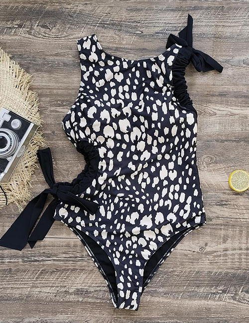 Fashion Leopard Print Polyester Printing Pleated Hollowed Out Swimsuit