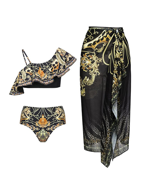 Fashion Lotus Leaf Bikini+skirt Polyester Printing Split Swimsuit Decorative Beings Skirt Set