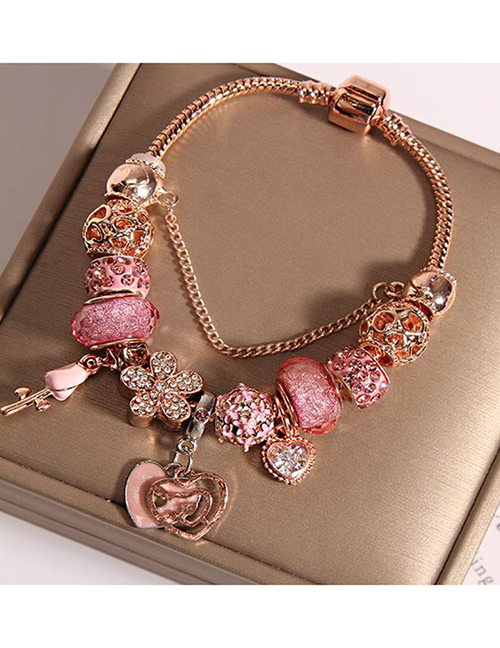 Fashion Pink Rose Peach Heart Model Alloy Inlaid Diamond Flower Geometric Multi -element Bracelet