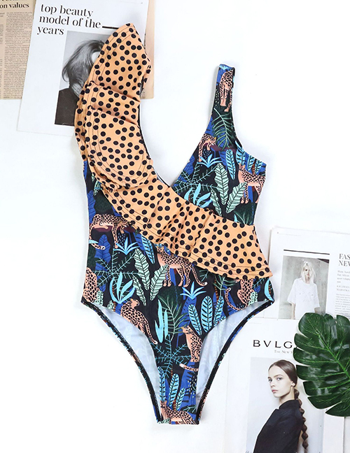 Fashion Green Polyester Leopard Lace Printing Conjoined Swimsuit