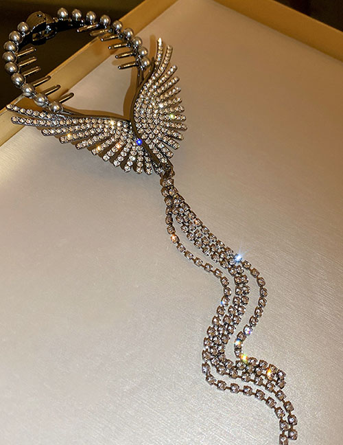 Fashion Gripper - Metallic Black Alloy Diamond Claw Chain Tassel Pearl Claw Clip