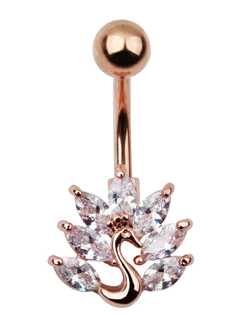Fashion Rose Gold Titanium Steel Inlaid Zirconium Peacock Piercing Navel Ring