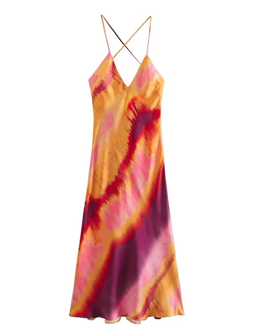 Fashion Color Silk Satin Print Cross Back Slip Dress
