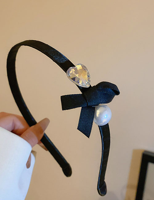 Fashion Headband - Black Alloy Rhinestone Heart Bow Knot Pearl Thin Edge Headband
