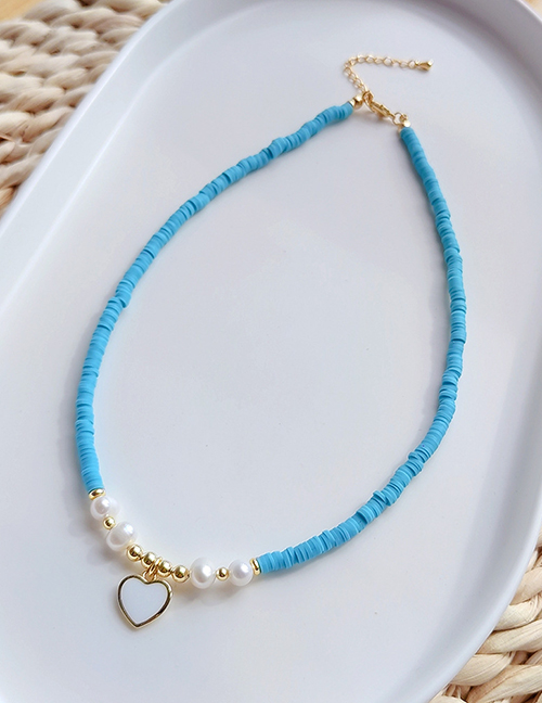 Fashion Blue Polymer Pearl Beaded Drip Oil Heart Necklace