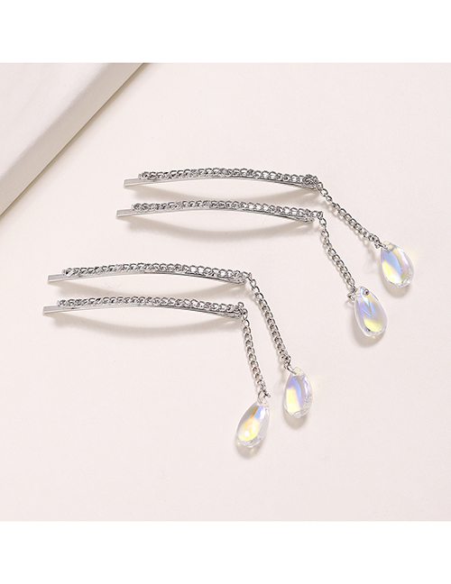 Fashion Silver - A Set Of 4pcs Metal Set Zirconium Drop Chain Hair Clip Set