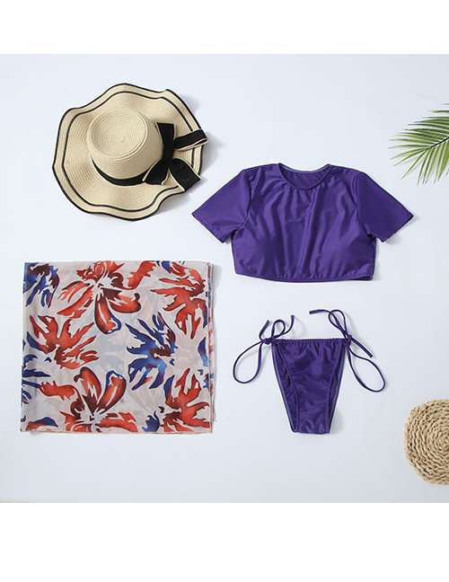 Fashion Purple Polyester Tie Crew Neck Split Swimsuit Print Overskirt Three-piece Set