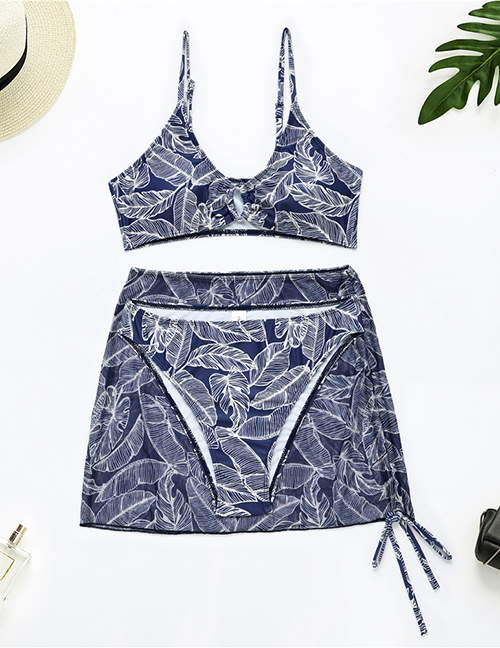 Fashion Leaf Polyester Print Split Swimsuit Cover Skirt Three Piece Set