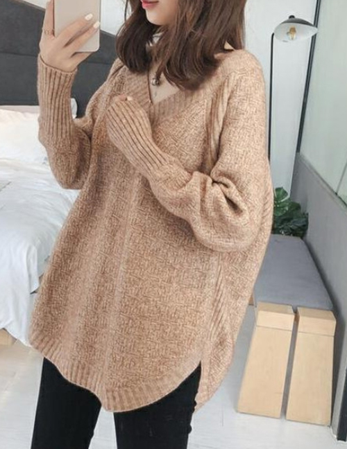 Fashion Brown Knitted V-neck Sweater