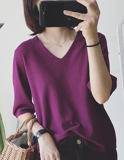 Fashion Purple Polyester V-neck Pullover Bottoming Shirt