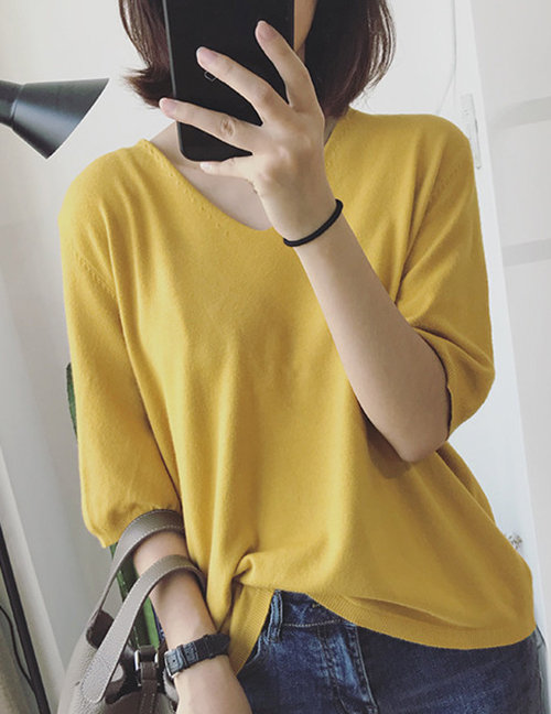 Fashion Yellow Polyester V-neck Pullover Bottoming Shirt