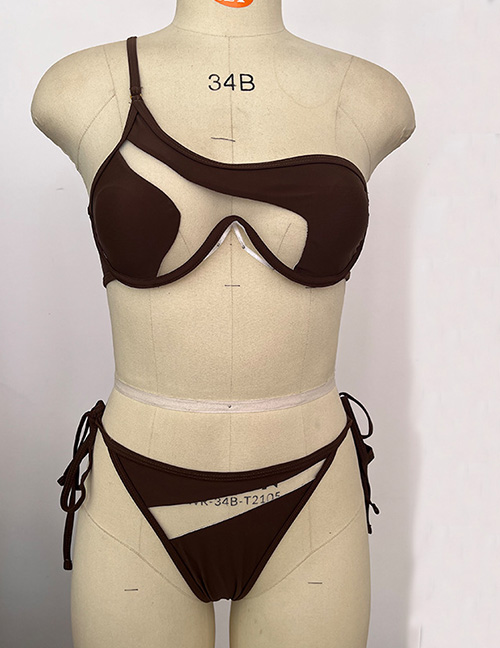 Fashion Dark Brown Polyester Mesh Lace-up One-shoulder Split Swimsuit