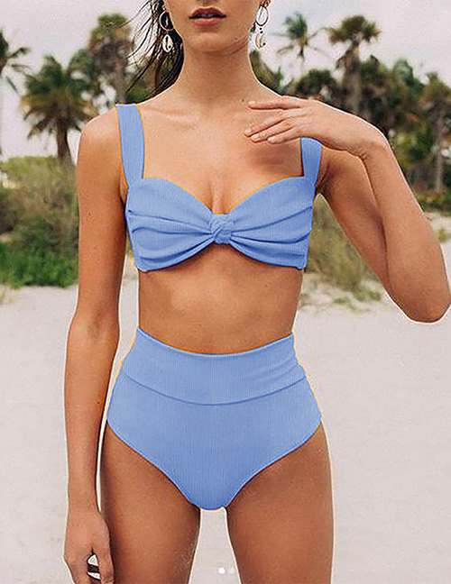 Fashion New Blue Polyester Pit Strip Swimsuit