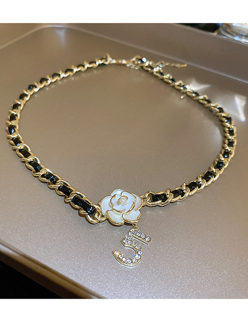 Fashion Necklace - Gold Leather Chain Camellia Diamond Number Necklace