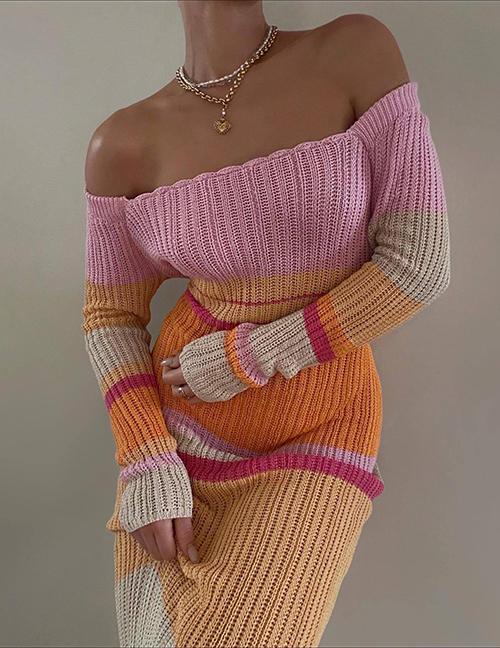 Fashion Pink And Orange Colorful Knit U Neck Cutout Dress