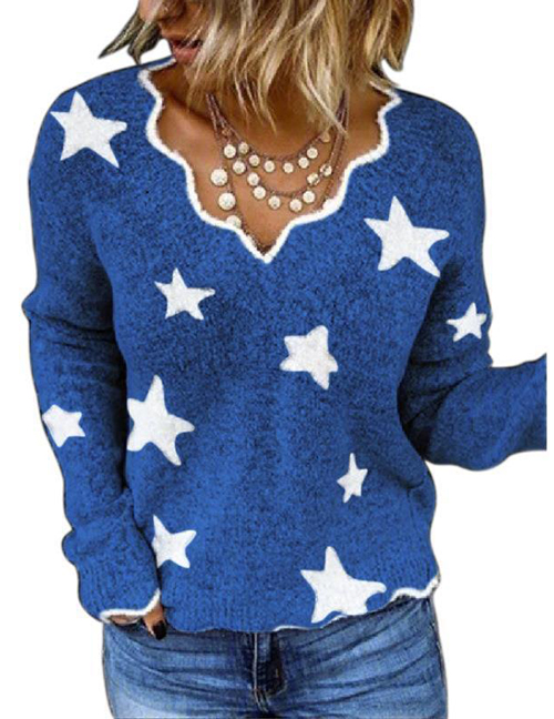 Fashion Blue Polyester Wool Knitted Star V-neck Top