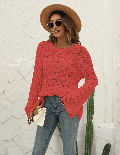 Fashion Rust Red Solid Color Knitted Chain Link Cutout Crewneck Sweater